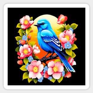 Cute Blue Bird Surrounded by Bold Vibrant Spring Flowers Sticker